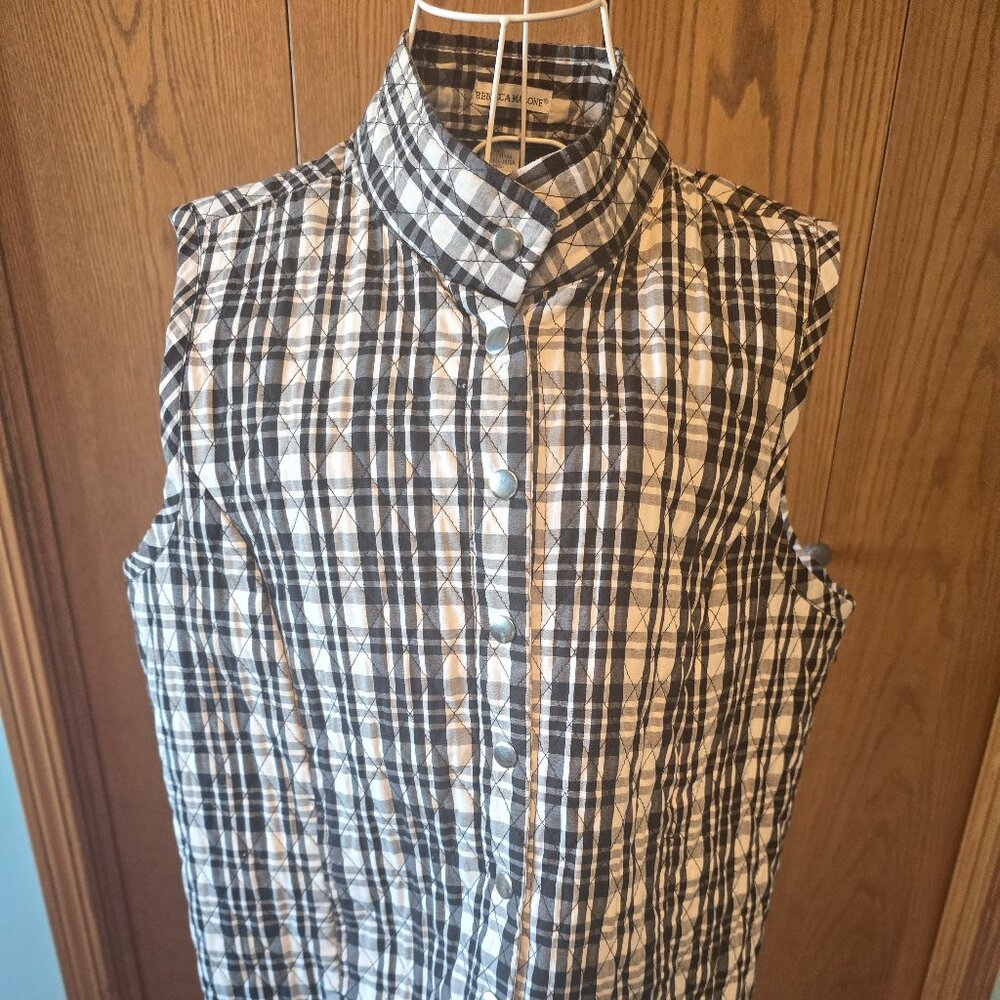 Rebecca Malone Women's Quilted Snap Front Vest - Size Large - Black Plaid - Like